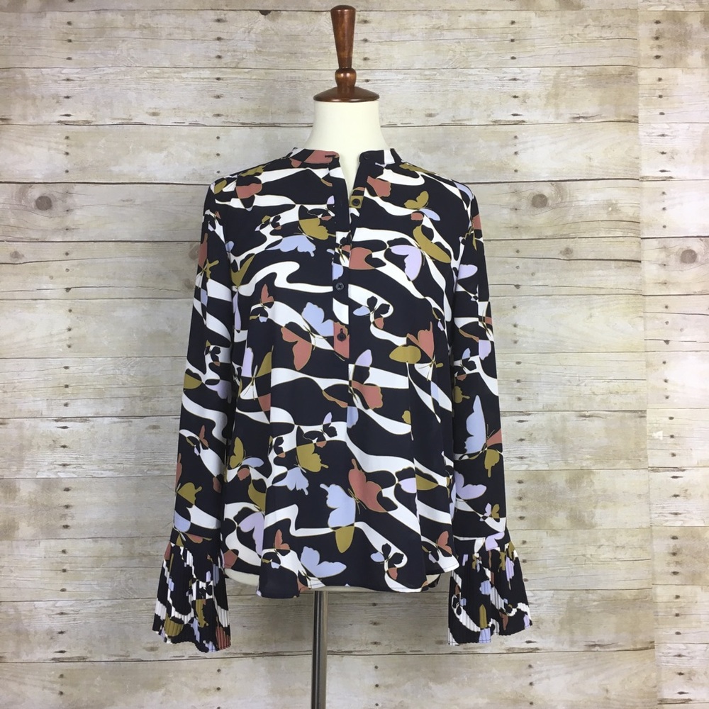 Ann Taylor Butterfly Print Blouse w/ Pleated Cuffs